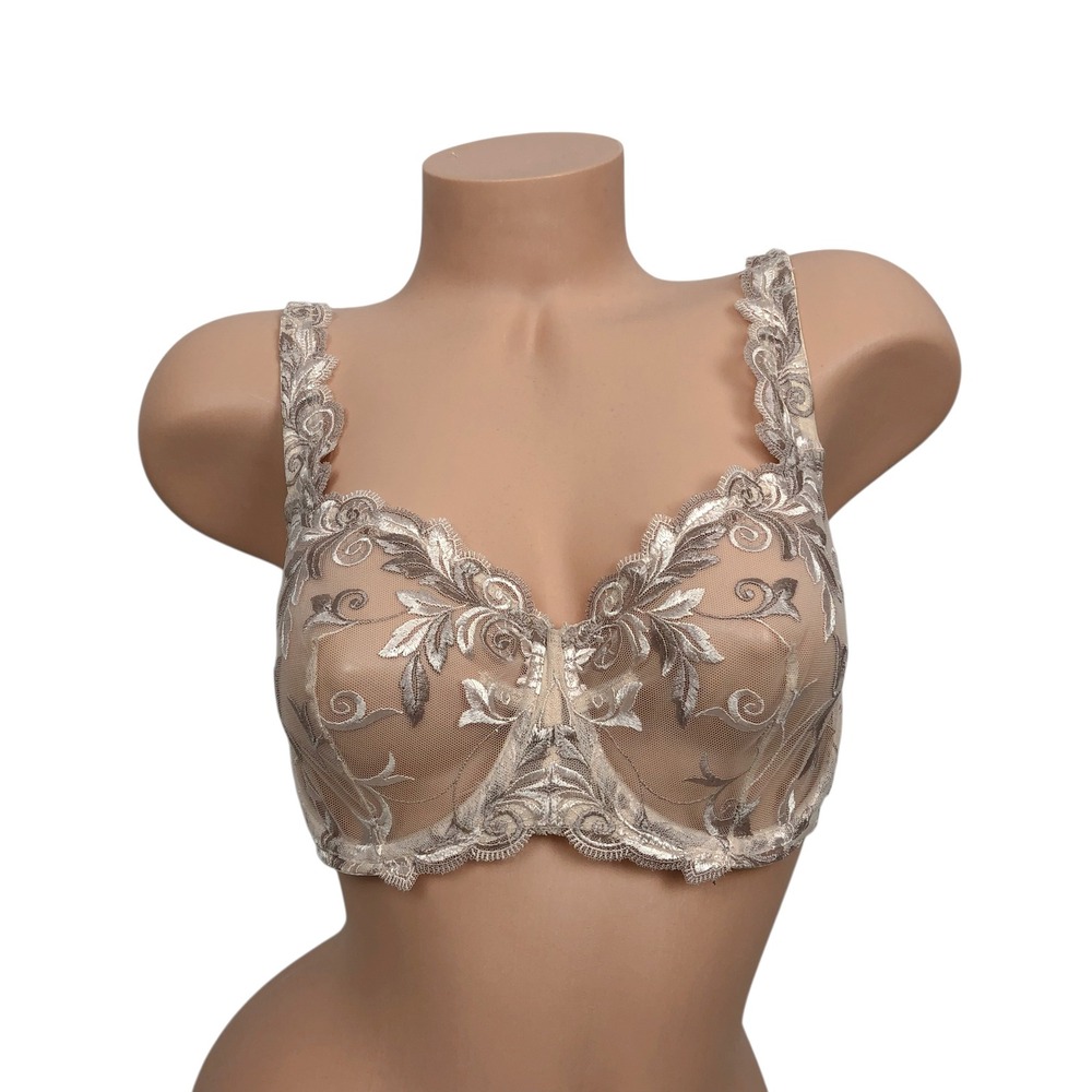 Soma Floral Embroidered Lace Unpadded Bra Size 34D Underwire Sheer Mesh Biege